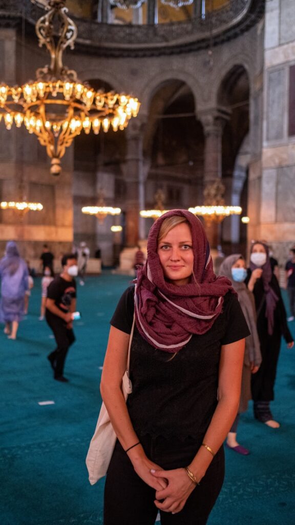 For mosque visits, covering arms, legs, and hair is required